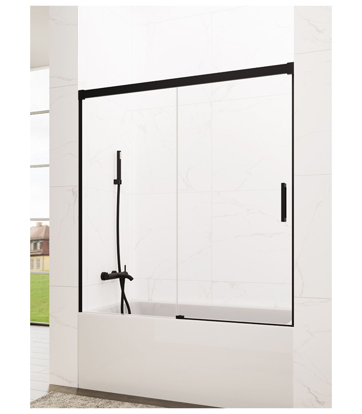 Mampara Ducha Frontal Puerta Plegable, 85cm, Transparente, Alto 195cm, Negro
